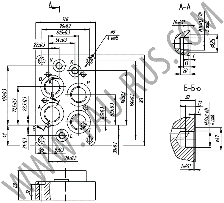 Размеры плиты присоединительной 130350 для гидрораспределителей Ду=16 мм Размеры плиты присоединительной 130350 для гидрораспределителей Ду=16 мм