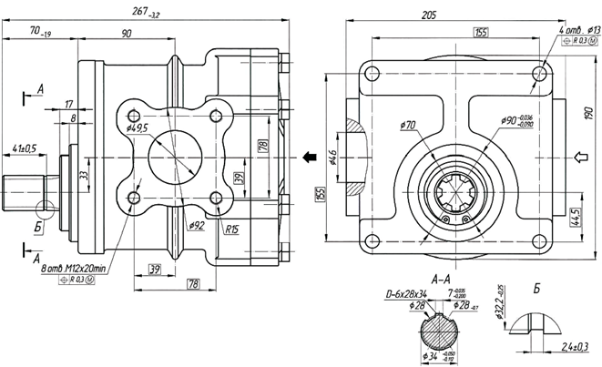 Присоединительные размеры насоса НШ100А-3 Присоединительные размеры насоса НШ100А-3